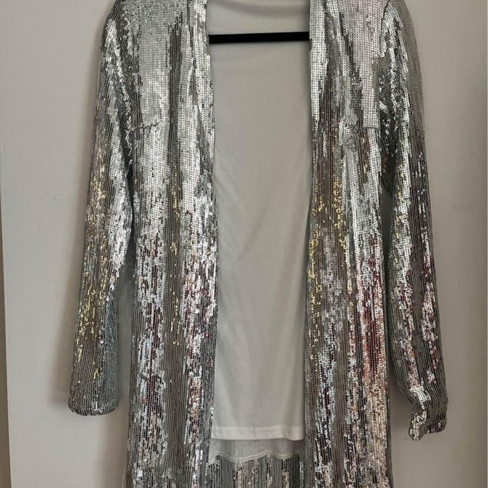 Fringe Sequin Jacket Silver Reflective Long-sleeved Coat, Size S